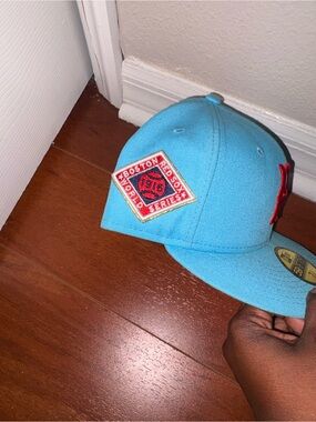 New Era Boston Red Sox Light Blue Fitted Hat with Red Patch